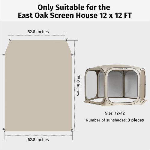 EAST OAK Sun Shade Sail Canopy Cover for EAST OAK Screen House & Pop-Up Tent 12 x 12 FT, Sun Protection, UPF 50+, 210D Oxford Silver-Coated Fabric, 75" x 63", Pack of 3 (Not Include Tent)