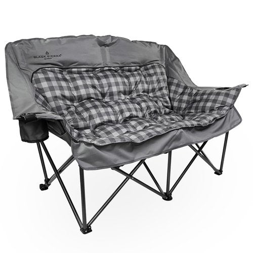 Black Sierra Double Camping Chair for Adults, Oversized Folding Loveseat Supports 600 lbs, Plush Padded Outdoor Couch with Cup Holders and Carry Bag for Beach, Patio, RV, or Tailgating Events