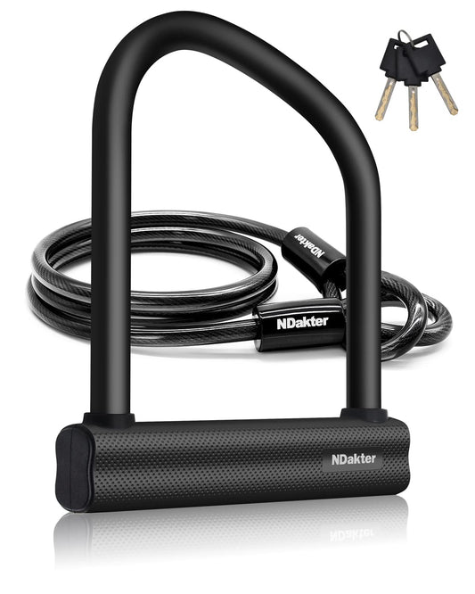 NDakter Bike Locks Heavy Duty Anti Theft, Bicycle U Lock for Ebike, 18mm Shackle, 6FT Steel Security Cable with 3 Keys for Electric Escooter, Motorcycle, Moped, Dirt-Bike, Tri-Bike Wheel Lock Sturdy