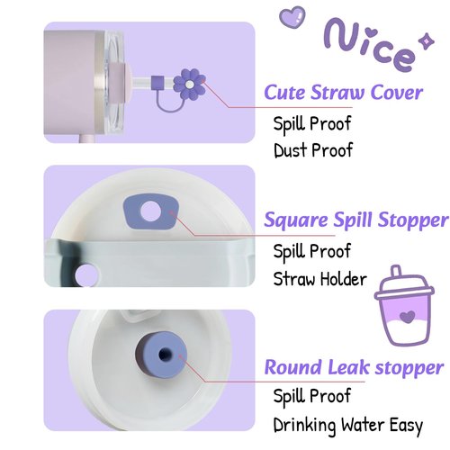 Cup Accessories Set For Stanley, Silicone Spill Stopper Set, Including 2 Cute Straw Cover Cap, 2 Square and Round Spill Stopper, 2 Cute Charms Chain (Purple)