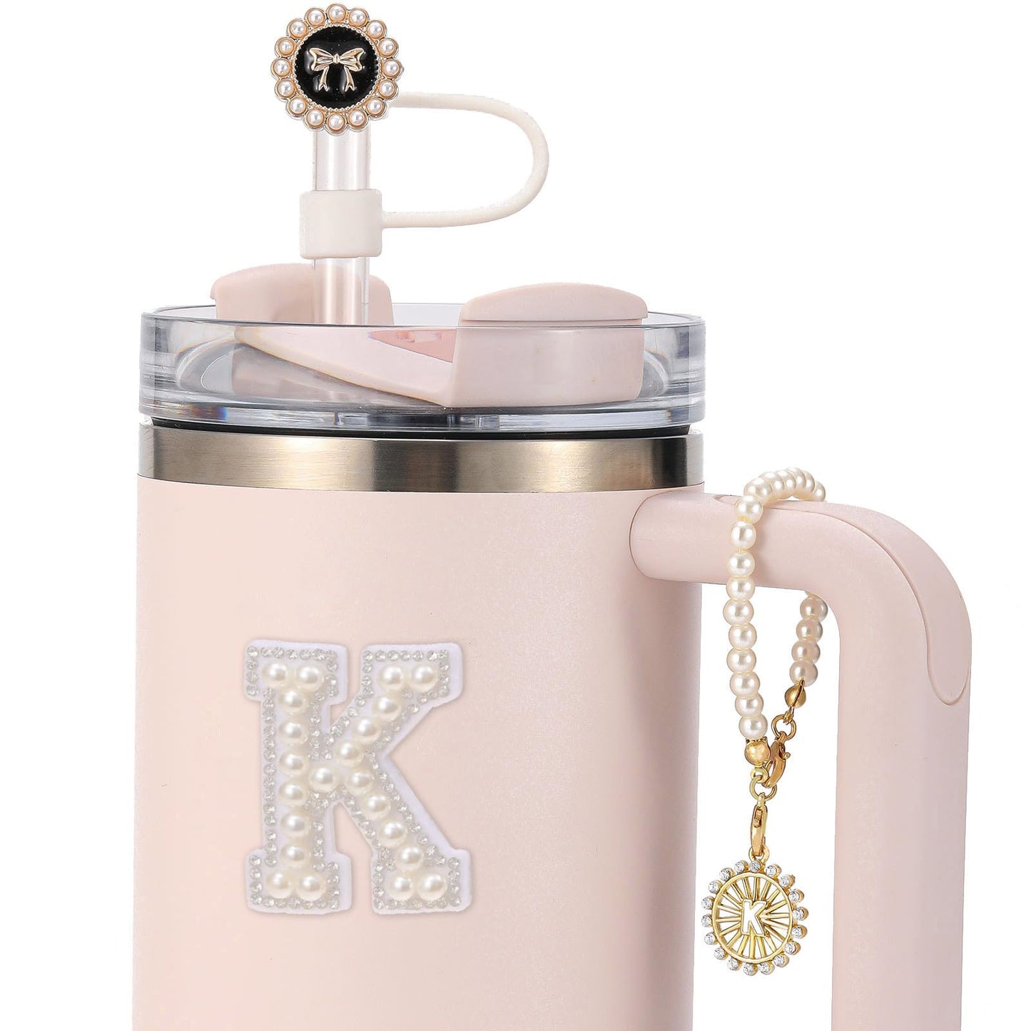 3PCS Cup Accessories Compatible with Stanley - Straw Cover for 30&40 Oz Tumbler 10mm Silicone Straw Topper, Initial Charms Chain for Handle and Letter Sticker Decorations-K