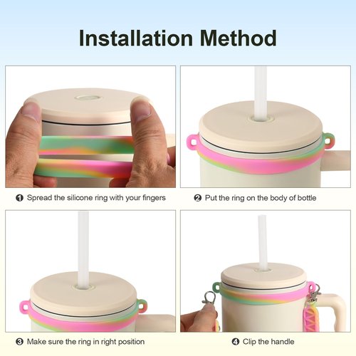 Hiiglxii Silicone Water Bottle Handle Strap for Stanley Cup Holder with Strap Tumbler Carrier Sling, Water Bottle Accessories Cup Handle Attachment for Most 8oz to 40oz Cups, Rainbow 2 Pack