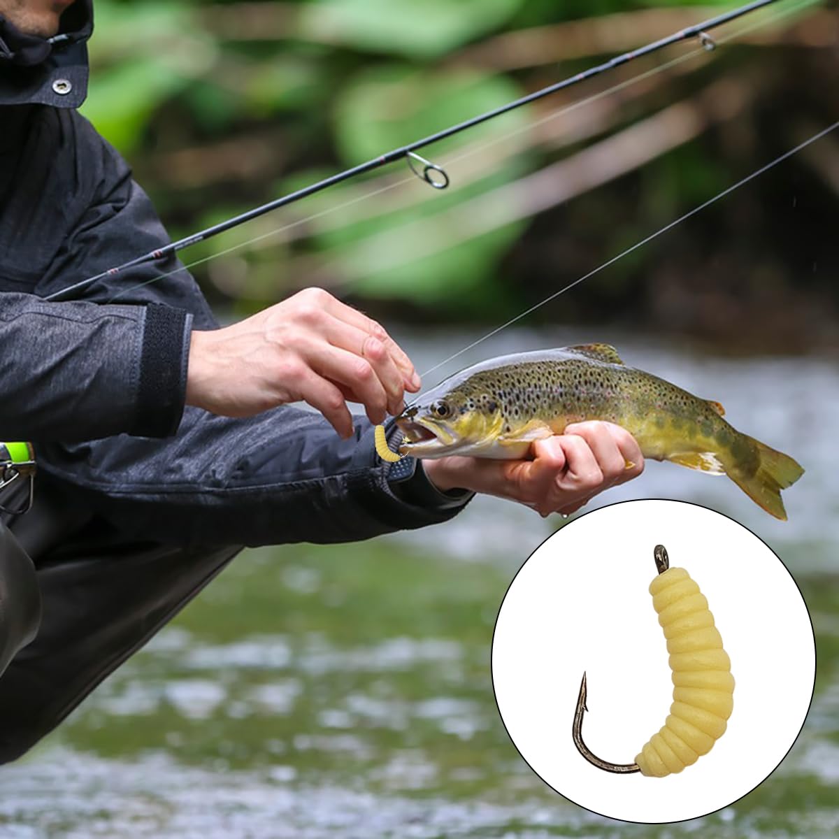 50 Pcs Rubber Maggots Fishing Bait, 20 Pcs Fishing Bait with Hooks + 30p Soft Maggot Bait Bread Worm, Fish Lures Worms Bulk Fishing Grubs for Trout, Crappie, Pan Fish, Bluegill, Fishing Lure Set