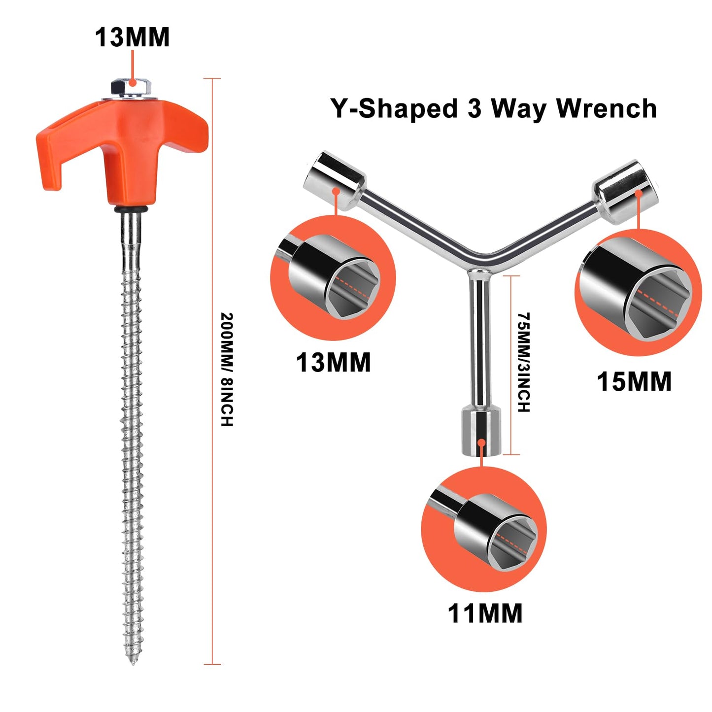 8" Screw in Tent Stakes - Ground Anchors Screw in, Camping Tent Accessories, Metal Threaded Tent Spikes, Tent Stakes for Outdoor Camping,Y-Shaped 3 Way Wrench (9)