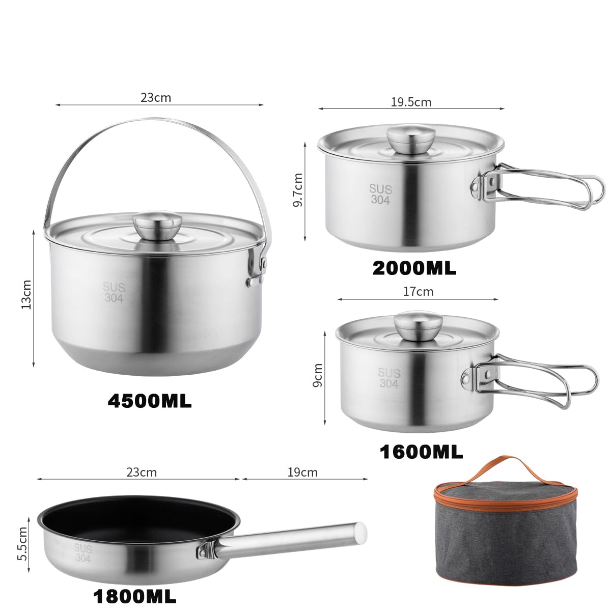 304 Stainless Steel Camping Cookware Set, Pots and Pans for Campfire Cooking, Includes Travel Tote Bag for 4-6 People