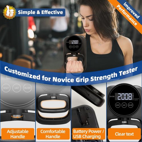 Grip Strength Tester Hand Gripper - Grip Strength Trainer Hand Dynamometer Handheld Meter LED Display Comfortable 265 Lbs / 120 Kgs Finger Strengthener for Sports Home School Gym Use All Black