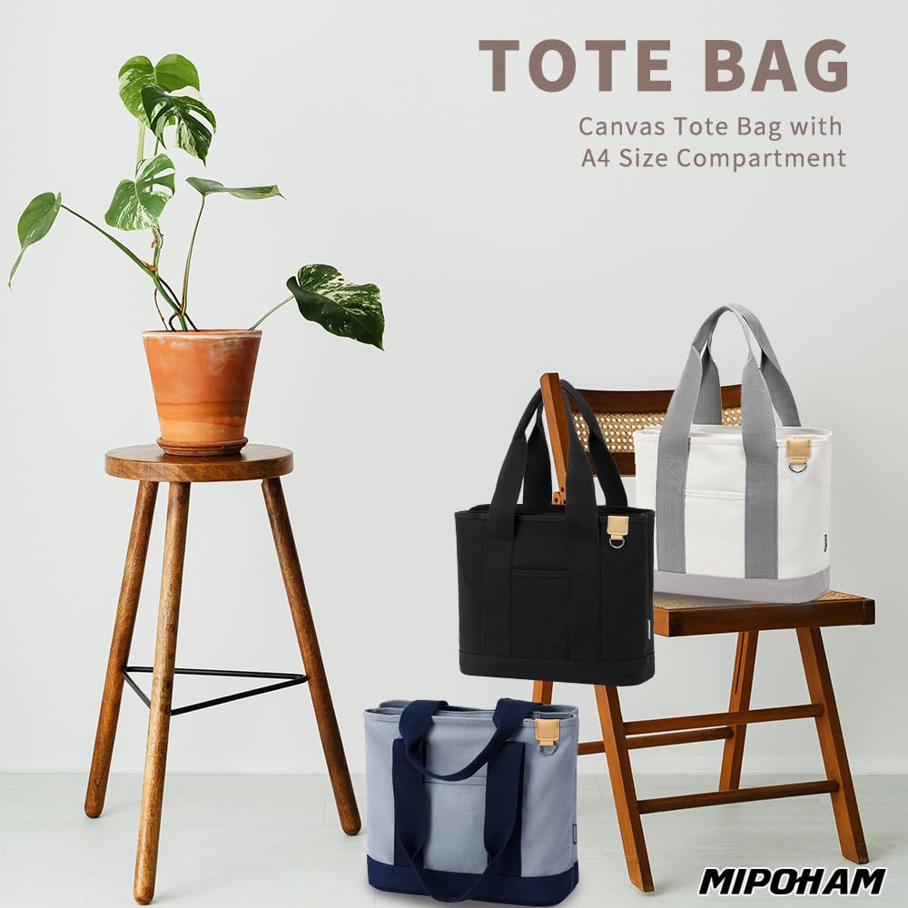 MIPOHAM Canvas Tote Bag for Women, Small Tote Bag with Zipper, 12.5 x 10.8 x 5.9 inches, Black