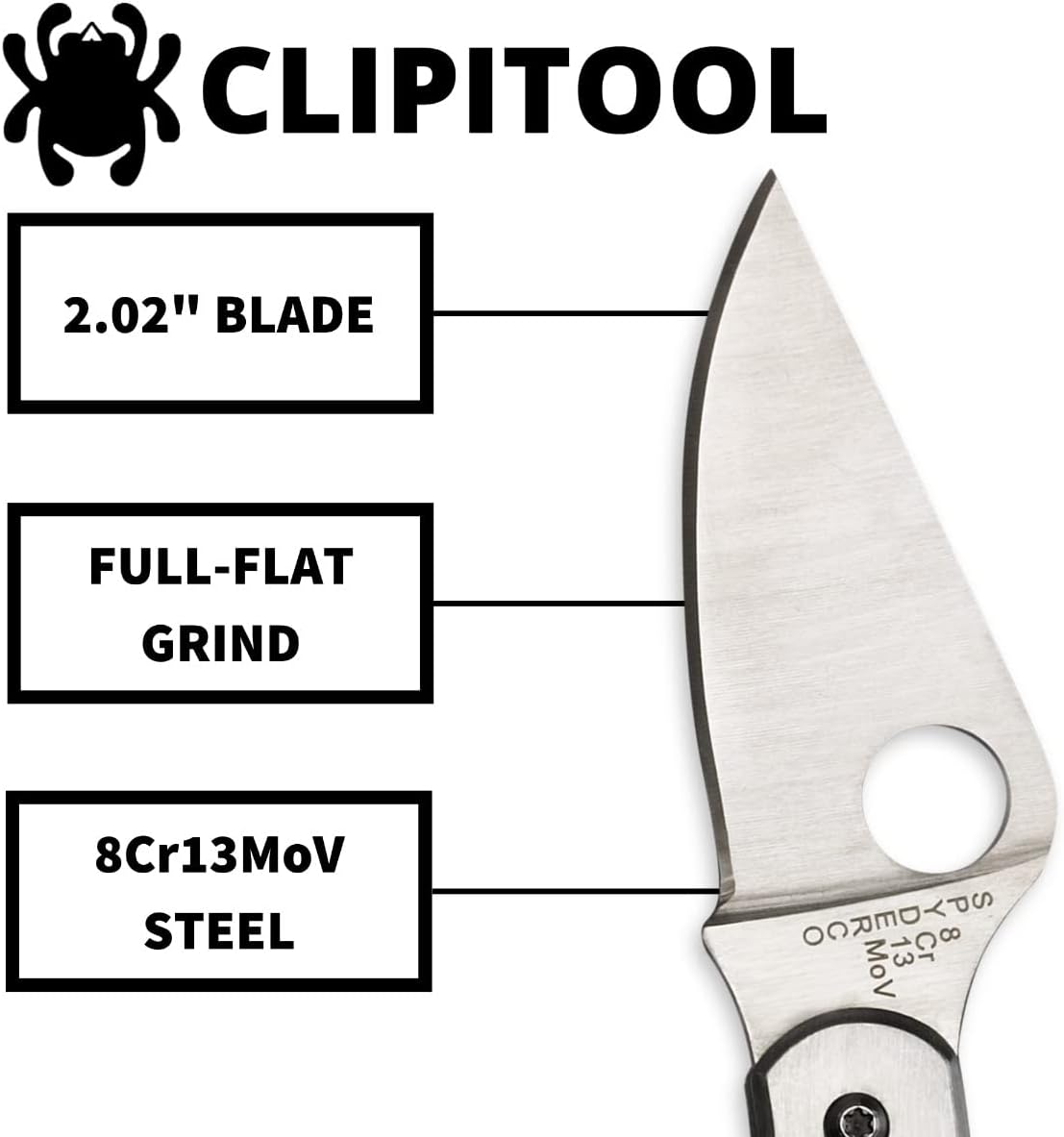 Spyderco ClipiTool Multi-Functional Stainless Steel Utility Pocket Knife with 2" Steel Blade and Screwdriver/Bottle Opener - PlainEdge - C175P