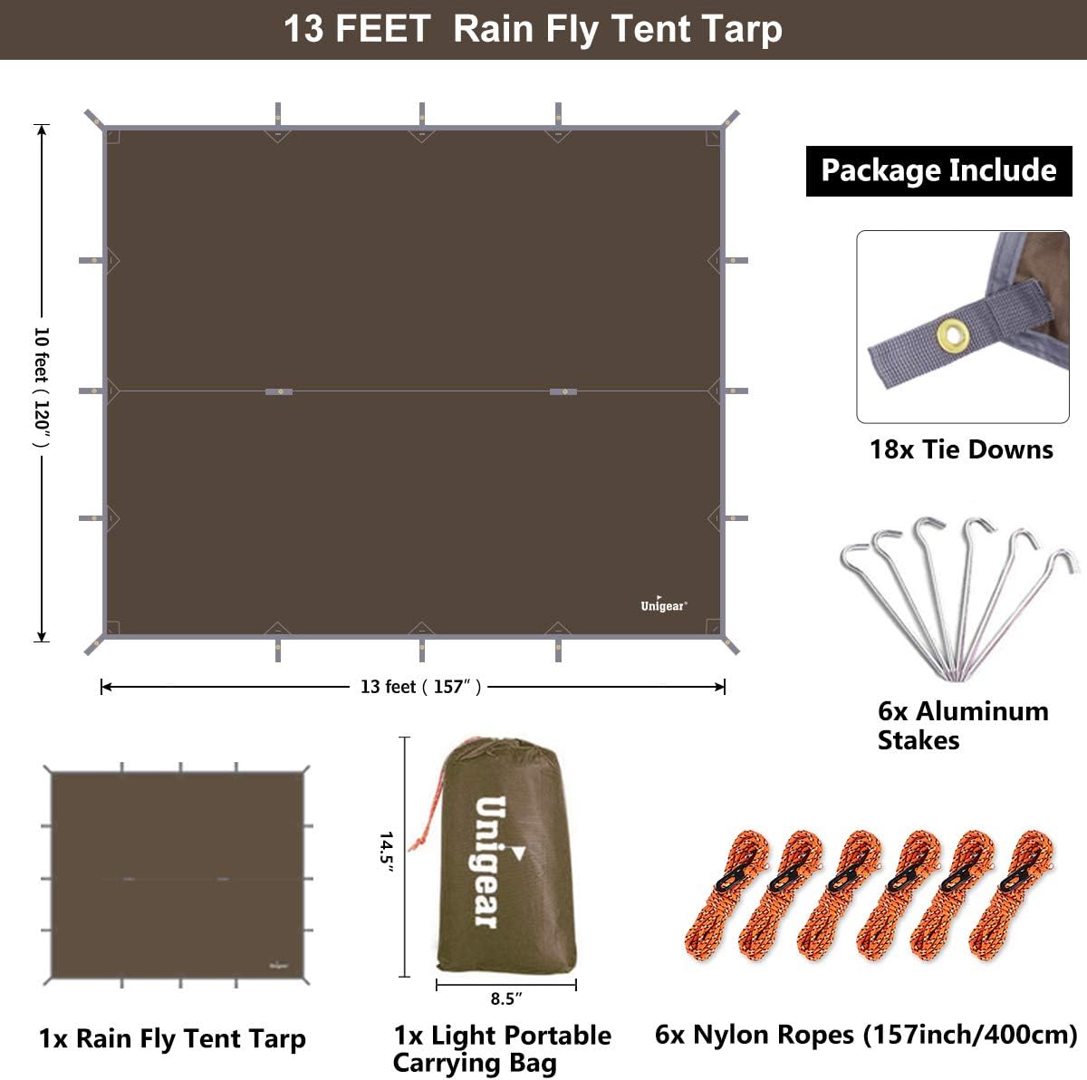Unigear Hammock Rain Fly, 16.4/14.4/13/10ft Camping Tarp, UV Protection & Waterproof & Lightweight for Camping, Backpacking and Outdoor Adventure (Brown,10 * 10ft)