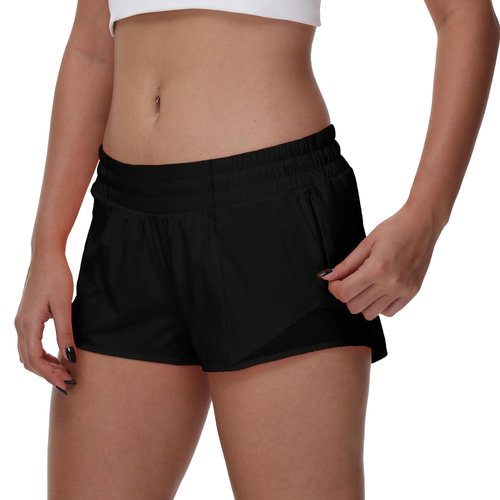 MCEDAR Women's Running Shorts Low Waisted 2.5"，Lightweight Active Workout Quick Dry Gym Athletic Sports Shorts Zip Pocket Black,6/S