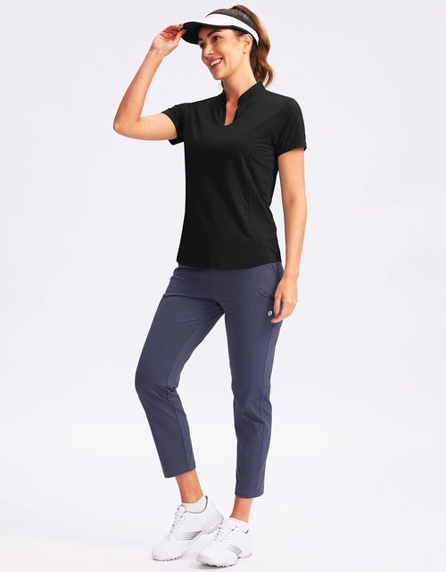 Obla Women's Golf Polo Shirt V-Neck Short Sleeve Collarless Quick Dry Tennis Running T Shirt Golf Tops for Women(Black_M)