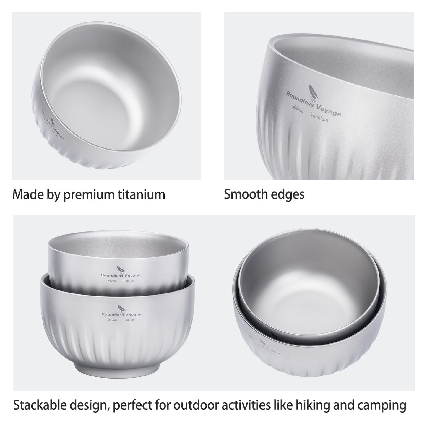 iBasingo 500ml Titanium Bowl Double Walled Oatmeal Food Rice Soup Bowl Ultralight Portable Tableware Outdoor Camping Metal Bowl Ti1165T