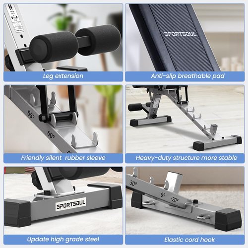 SPORTSOUL Adjustable Weight Bench Heavy Duty Fitness Bench For Weight Training, Home Gym Bench, Weightlifting and Strength Training, Upgraded Breathable Leathaire Bench Material, Black