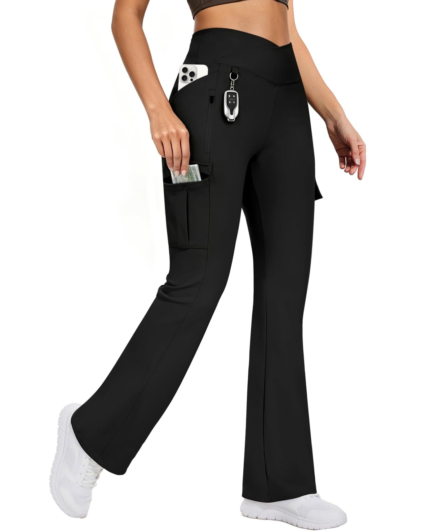 Casei Women's Yoga Flare Leggings 5 Pockets Crossover High Waisted Stretch Cargo Pants Workout Travel Scrub,Black(L)