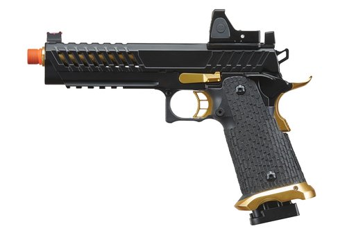 Lancer Tactical Knightshade Hi-Capa Gas Blowback Airsoft Pistol with Red Dot Reflex Sight (Black/Gold)