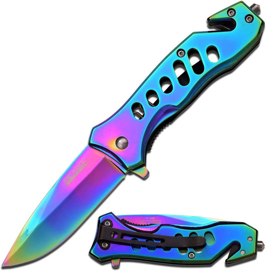 Tac-Force- Folding Pocket Knife – Rainbow TiNite Coated Stainless Steel Blade and Handle, Glass Punch and Pocket Clip, Tactical, EDC, Rescue - TF-844