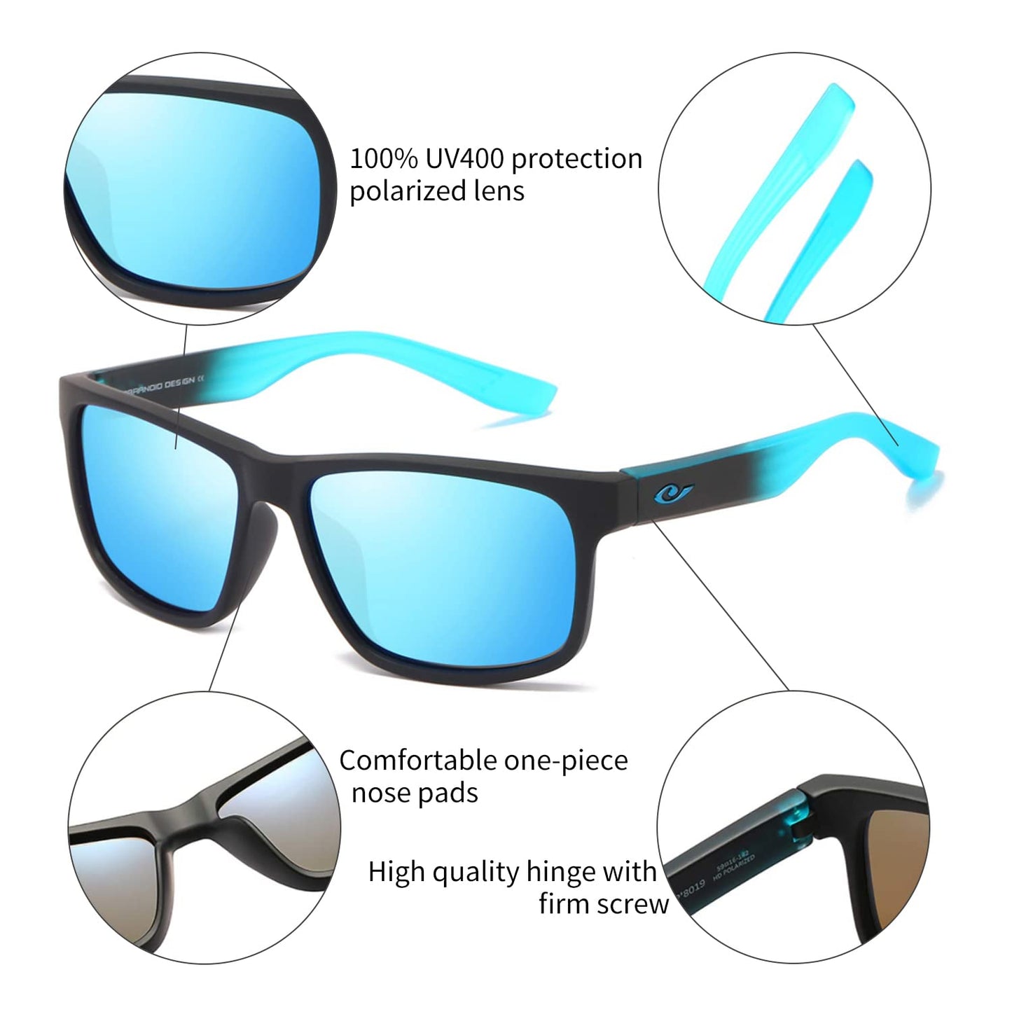 Tramean Polarized Sunglasses for Men Women UV400 Protection Sports Fishing Sun Glasses Driving Shades,Black&Blue/Blue
