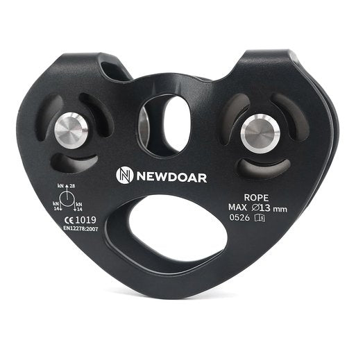 NewDoar Zip Line Pulley,28KN Double Tandem Speed Dual Trolley with Ball Bearing,CE Certified for Climbing, Rescue Lifting Aluminum Fixed Eye Pulley (Stainless Steel Wheel Black)