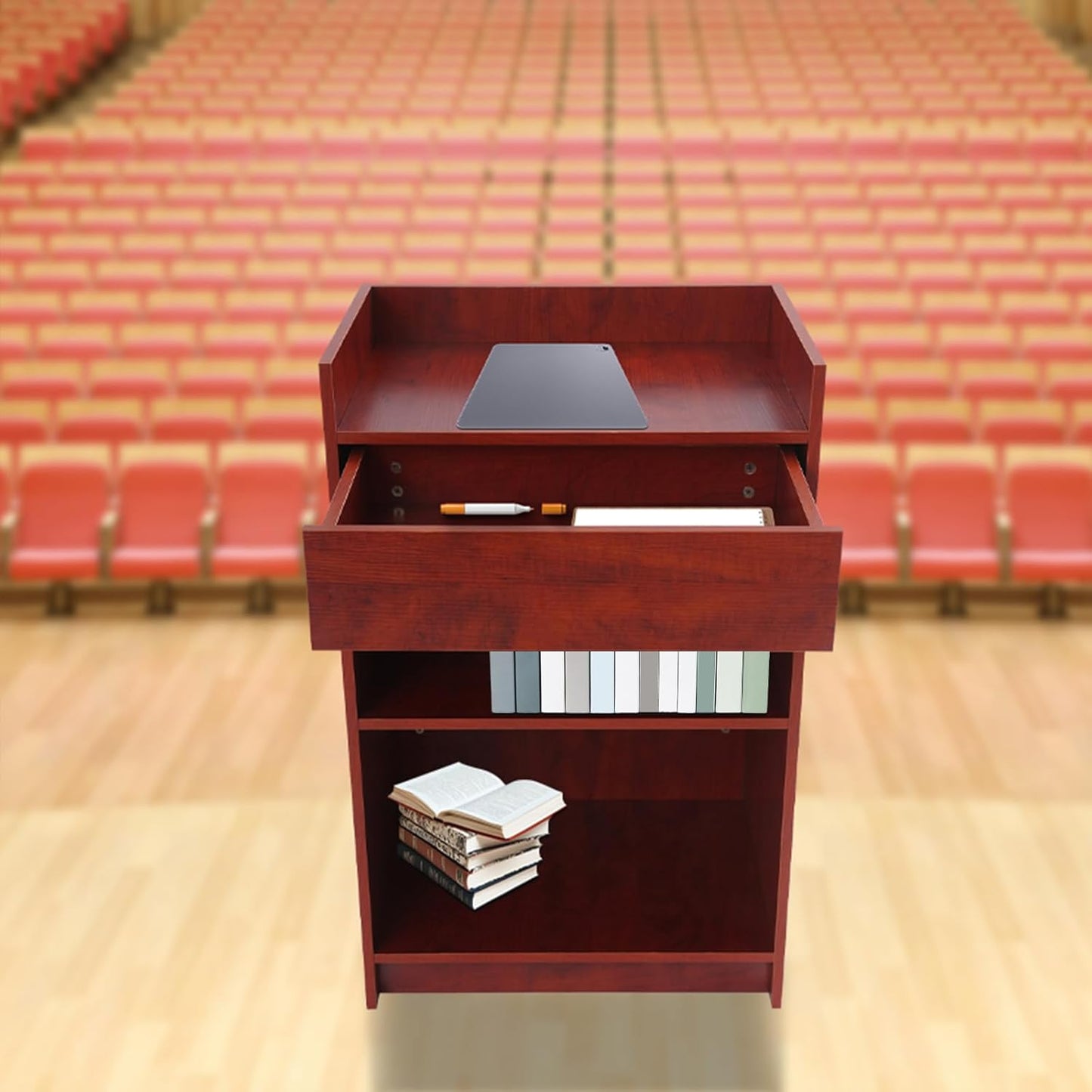 Podium Stand with Drawer and Shelf, Checkout Counter Cash Register Restaurant Hostess Wood Lectern, Church Pulpit with Storage, 24" W X 38" H X 18" D (Brown)