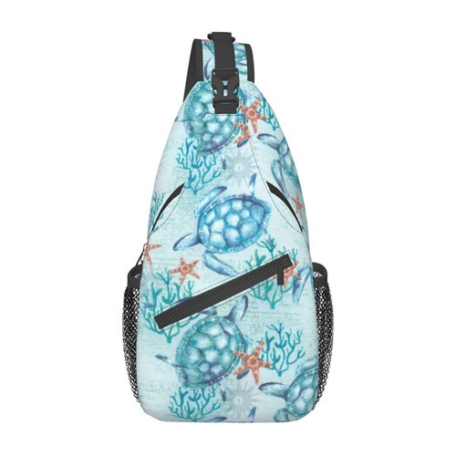 QISENTIS Sea Turtle Sling Bag for Women Men Light Blue Aqua Sea Turtles Ocean Coastal Sea Animal Travel Crossbody Bags Underwater World Print Casual Sling Backpack Chest Shoulder Bag Hiking Daypack