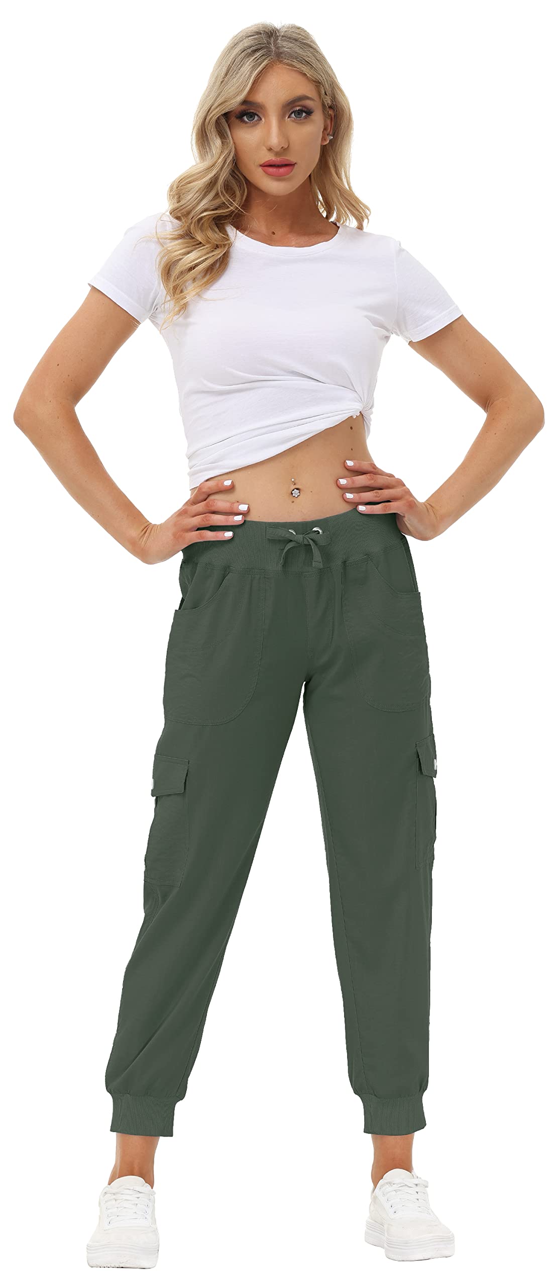 MoFiz Women's Hiking Pants Cargo Joggers Sweatpants with Pockets Lightweight Quick Dry Outdoor Summer Casual Athletic Elastic Waist Army Green M