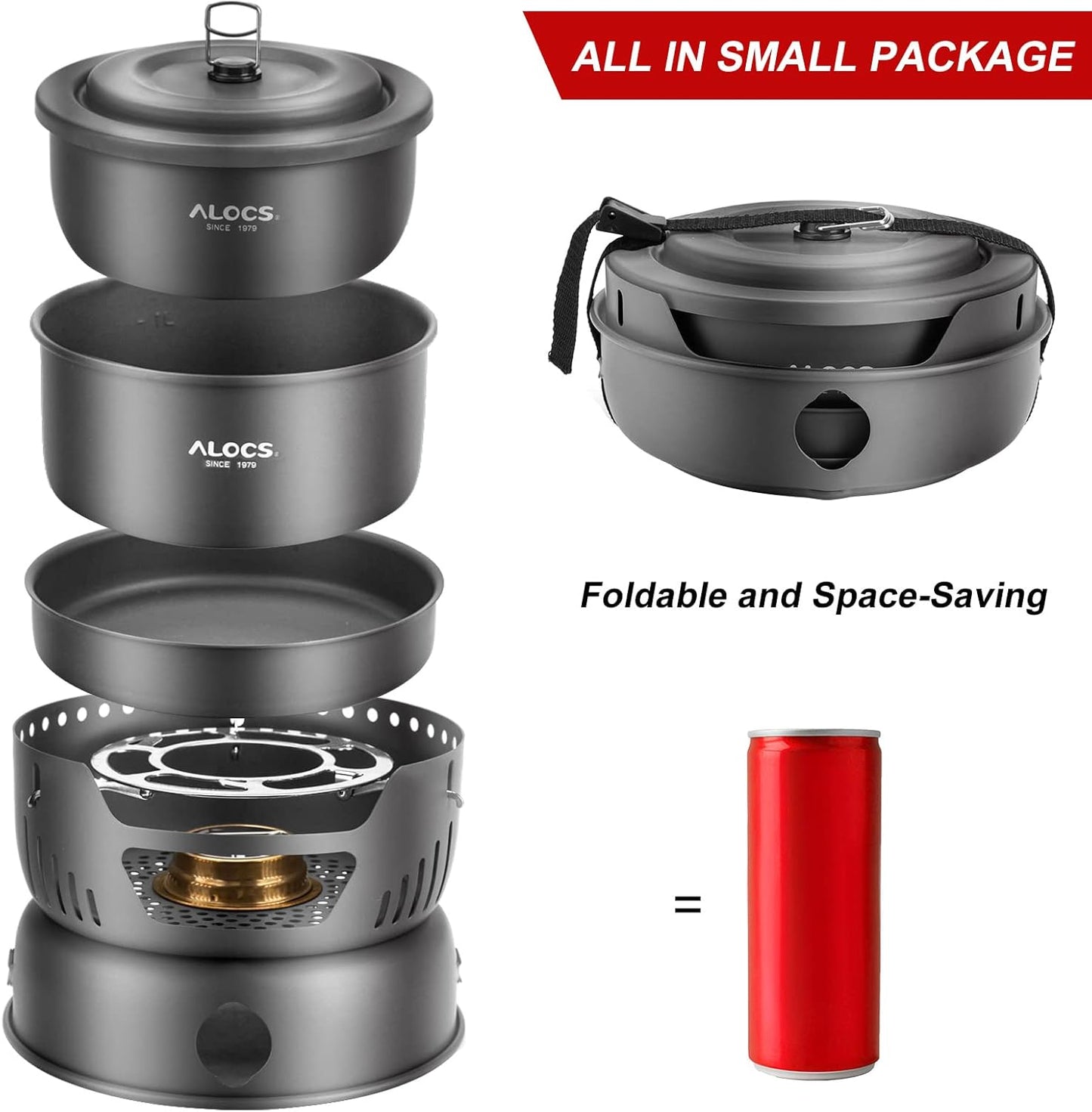 ALOCS Camping Cookware - 11 Piece Lightweight Camp Cooking Set with Portable Camping Stove & Gas Stove Burner - Durable Compact Camping Pot for Hiking Car Camping Vanlife RV