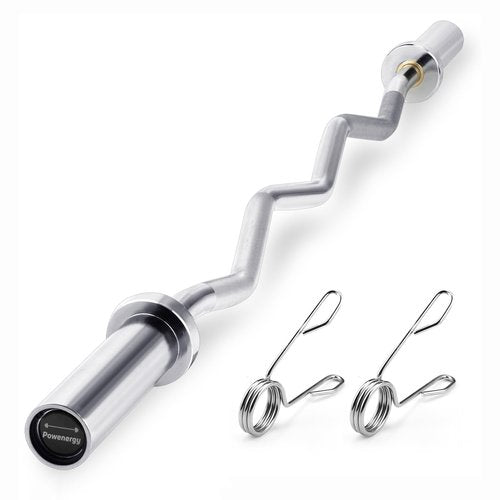 Powenergy 47" Olympic Barbell Curl Bar Strength Training Bar with Ring Collars Solid Chrome Barbell Bar for Weightlifting, Hip Thrusts, Squats and Lunges