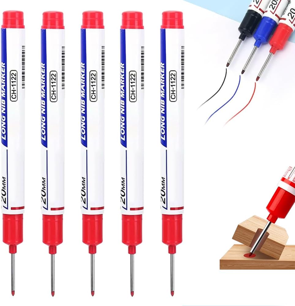 5Pack Long Head Deep Hole Marker Pens, 20mm Deep Reach Metal Marking Pen, Waterproof Quick-Dry Long Nib Marker, Deep Reach Markers Marking Tool for Carpentry & Construction (Mix)
