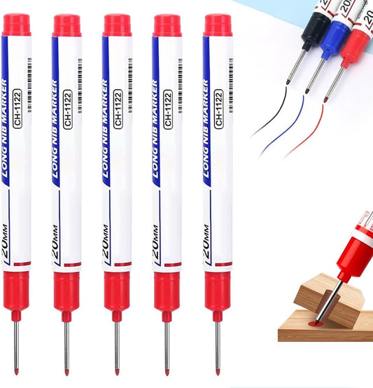 5Pack Long Head Deep Hole Marker Pens, 20mm Deep Reach Metal Marking Pen, Waterproof Quick-Dry Long Nib Marker, Deep Reach Markers Marking Tool for Carpentry & Construction (Mix)
