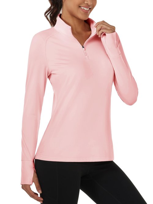 MAGCOMSEN 1/4 Zip Pullover for Women Warm Fleece Lined Shirt Long Sleeve Workout Running Top with Collar LightPink, M