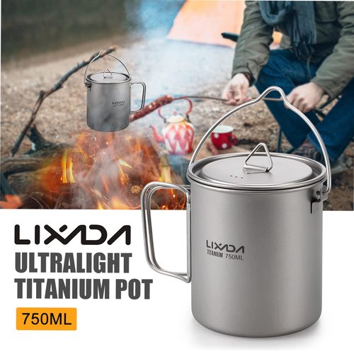 HUIOP Titanium Cup, Ultralight 750ml Titanium Pot Portable Titanium Water Mug Cup with Lid and Foldable Handle Outdoor Camping Cooking Picnic