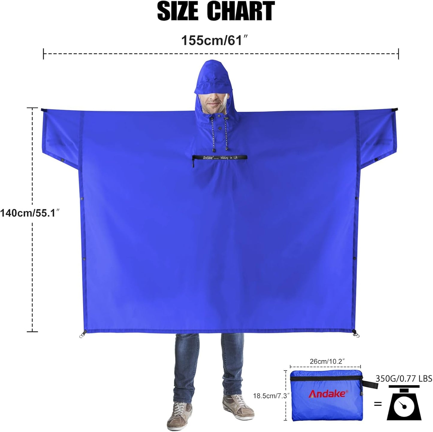 Andake Waterproof Rain Poncho for Adults Unisex,230T Ripstop Polyester,Raincoat Gear with Transparent Viewing Window Outdoors