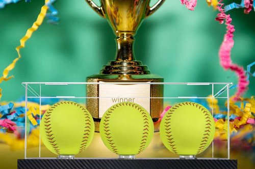 Softball Display Case for 3 Pack in one, Arcylic Softball Holder Stand UV Protected Clear Display Cube for Softball Baseball Tennis Ball Sports Ball Storage with Carbon Fiber Skin Base and Mirror Base