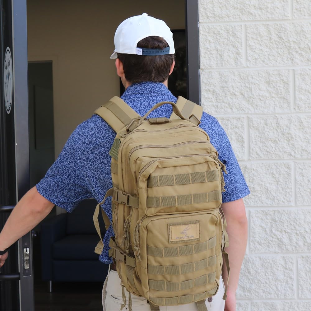Exos Bravo Backpack - Large Military Hiking Backpack 34L - Waterproof Heavy-Duty Molle Hunting Bag for Men - Tactical Rucksack Daypack - Hydration Pack Compatible for Running, Cycling - (Coyote Tan)