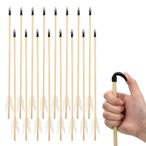 Basbon 16 Pcs Wooden Feather Arrows Soft Rubber Tips, 17 Inch Handmade Wooden Toy Arrow for Kids and Beginners, Archery Bows Outdoor Play Cosplay Costume Decoration