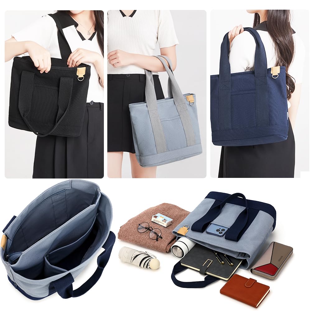 MIPOHAM Canvas Tote Bag for Women, Small Tote Bag with Zipper, 12.5 x 10.8 x 5.9 inches, Black