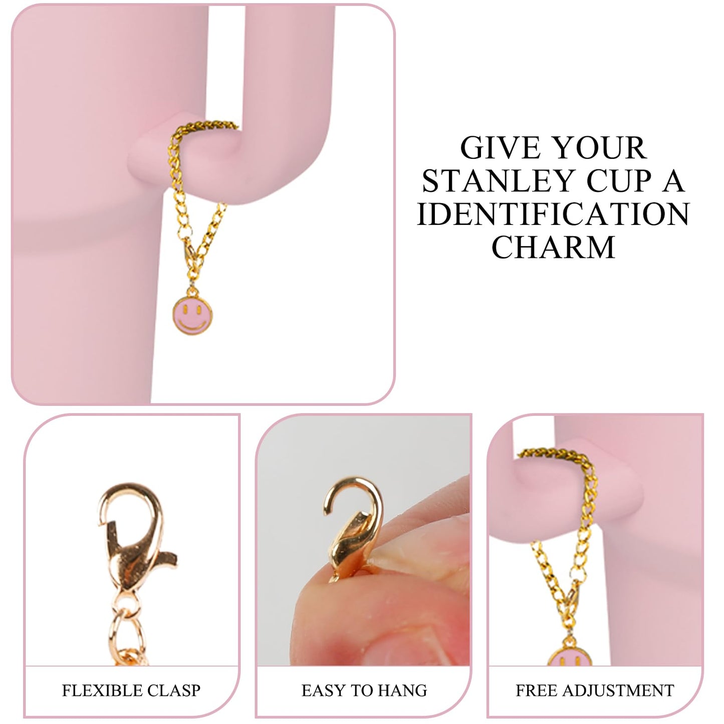 JarThenaAMCS 3Pcs Smile Face Water Bottle Charm Black White Pink Round Shape Charm Happy Face Charm Accessories for 30 & 40 OZ Tumbler with Handle