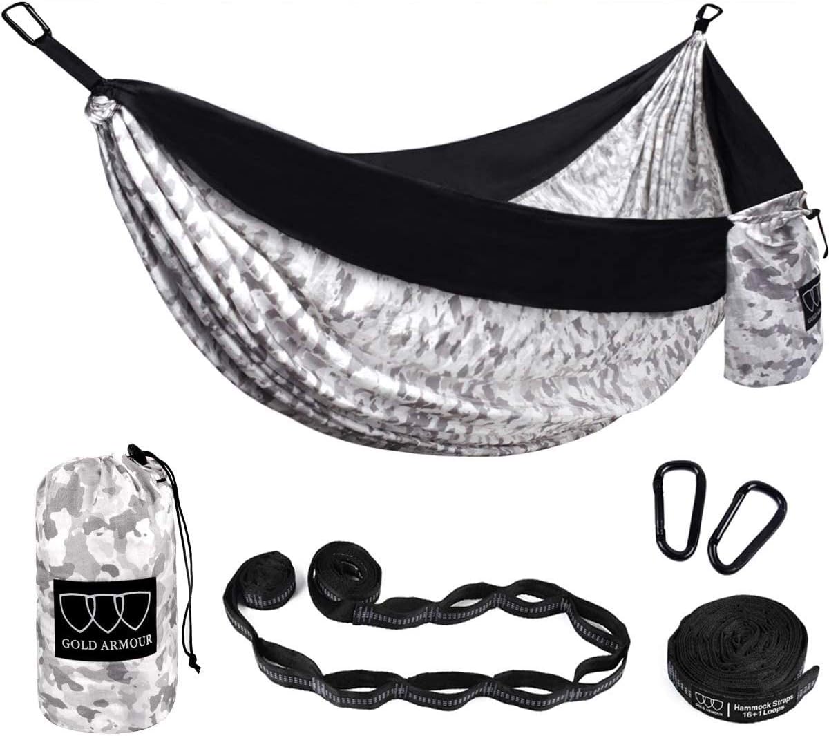 Gold Armour Camping Hammock - XL Double Hammock Portable Hammock Camping Accessories Gear for Outdoor Indoor with Tree Straps, USA Based Brand (Gray)