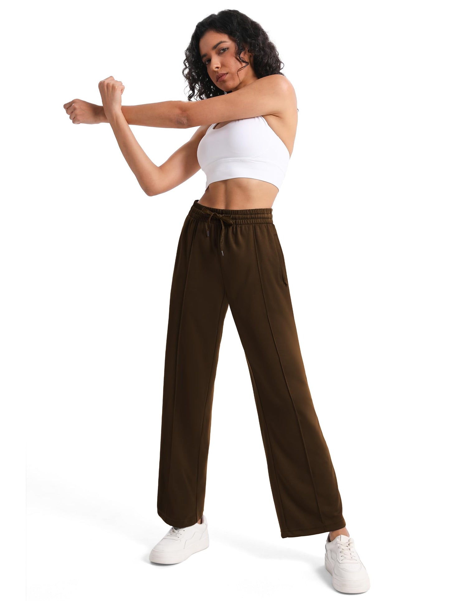 Tapata Petite Womens 28" Inseam Track Pants Relaxed Fit Striped Workout Sweatpants Baggy Trousers with Zipper Pockets, Brown, S