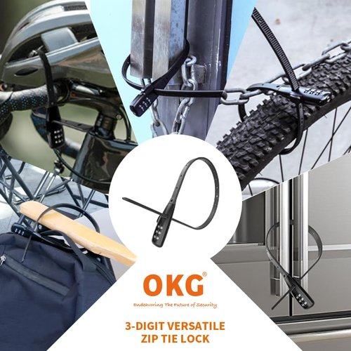 OKG 3-Digit Combination Adjustable Zip Tie Bike Lock - Anti-Scratch Stainless Steel Cable Lock with Resettable Code, Secure Bikes, Helmets, Skis, Prams, Cabinet, French Doors, and More 2 Pack (Black)
