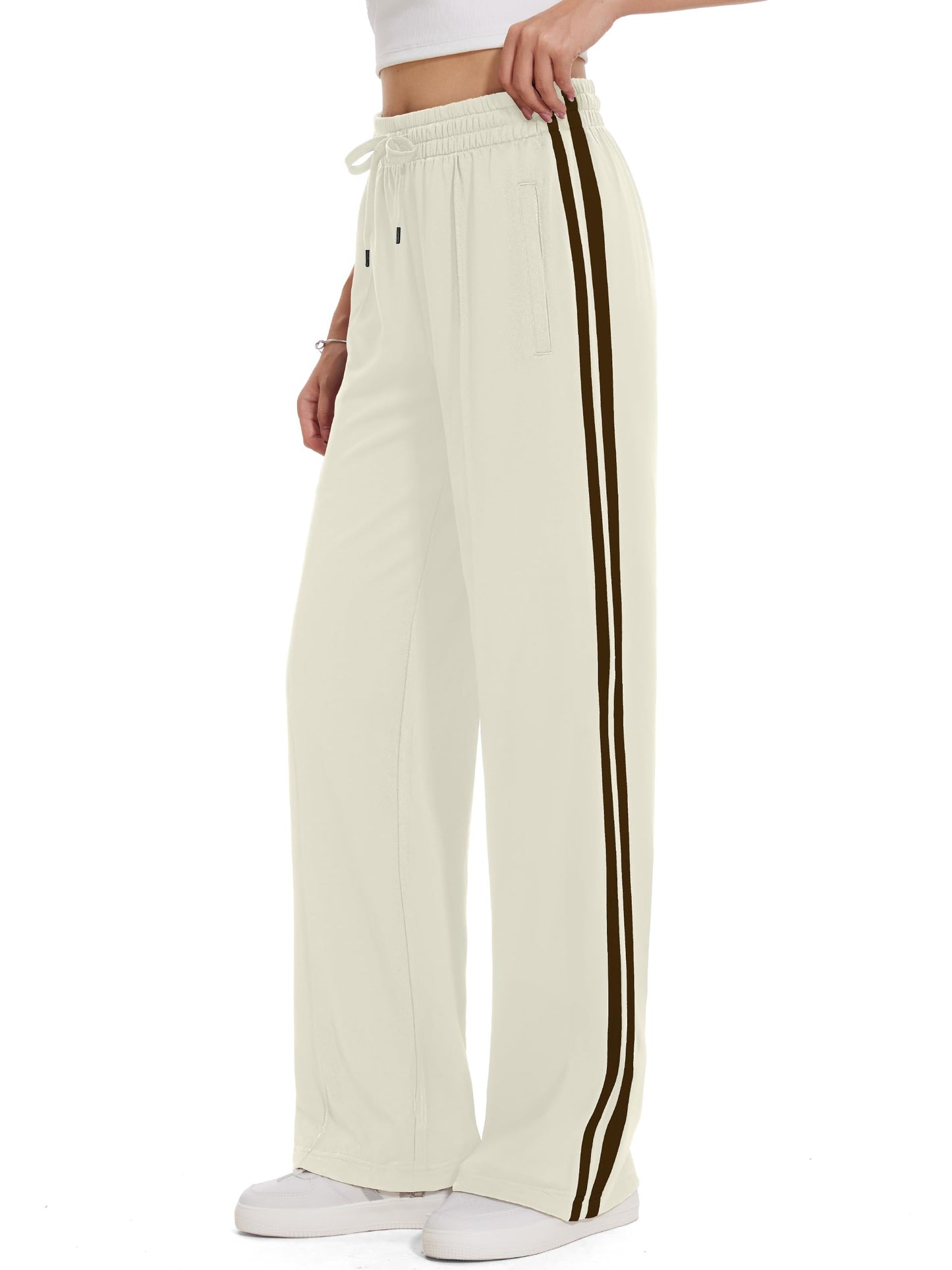 Tapata Tall Women's 34" Inseam Casual Pants Track Athletic Sweatpants Warm Up Loose Side Stripe Street Slacks, Beige, M