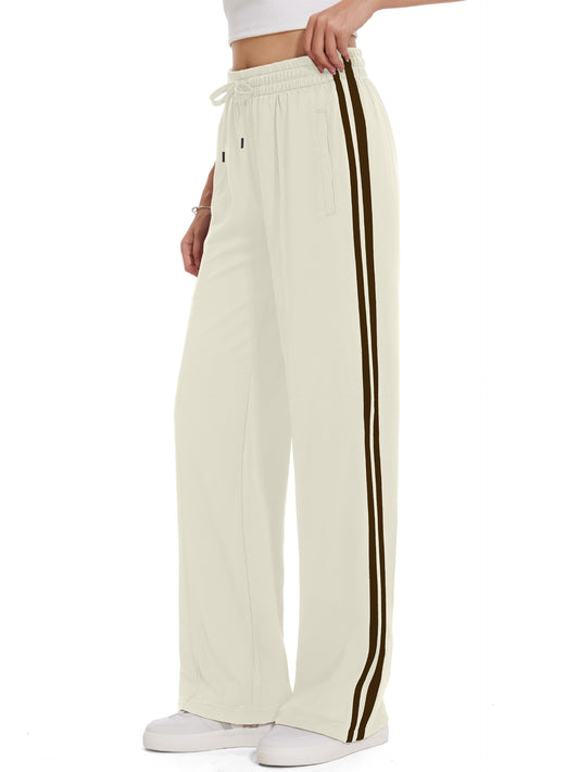 Tapata Tall Women's 34" Inseam Casual Pants Track Athletic Sweatpants Warm Up Loose Side Stripe Street Slacks, Beige, M