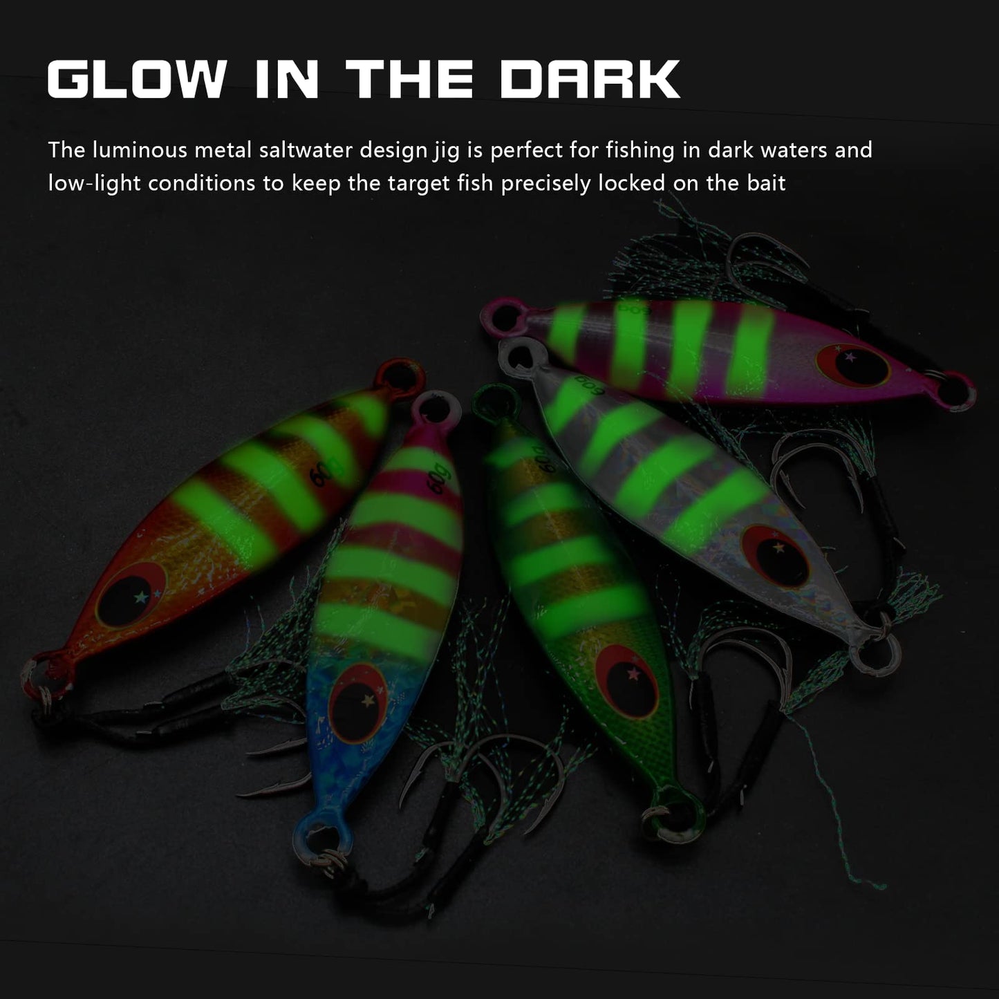 Gefischtter 5pcs Fishing Jigs Vertical Saltwater Jigs Metal Jigging Spoon Slow Sinking Glow Jigging Lure Deep Sea Fishing Lures with Assist Hooks for Tuna,Bass,Dogtooth,Grouper/60g