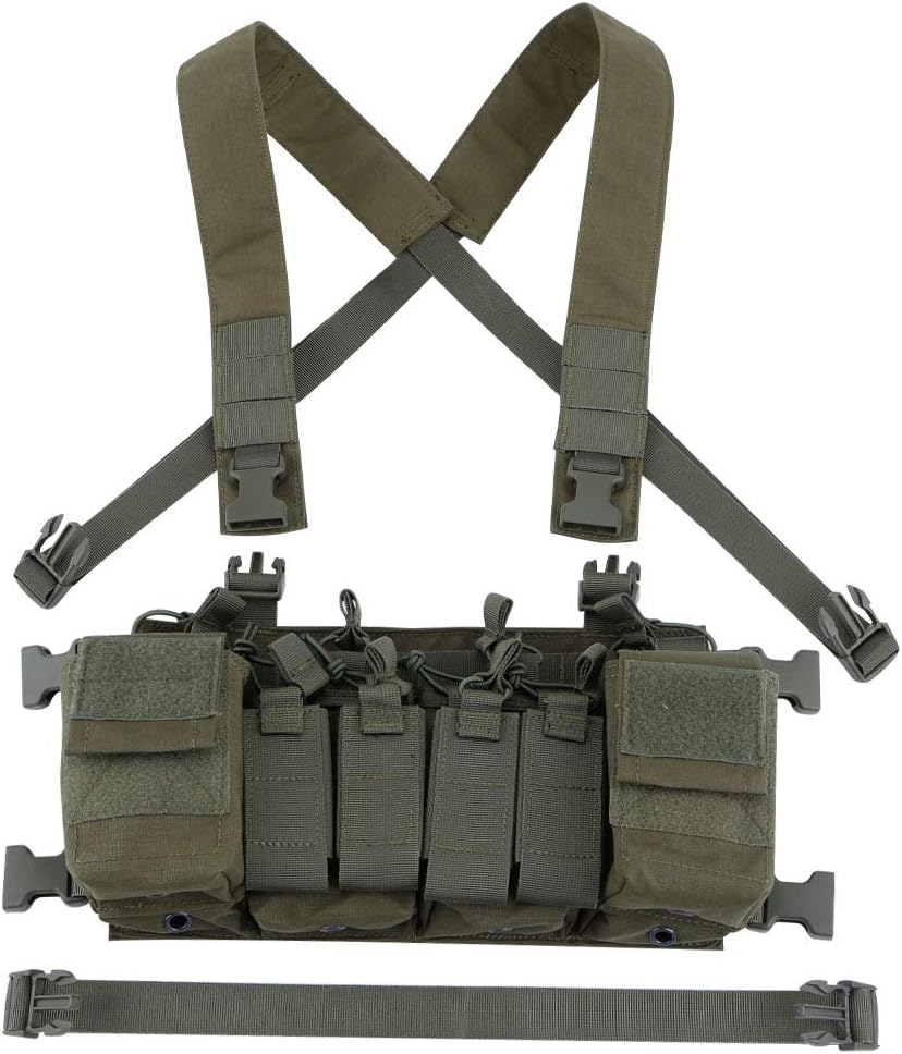 Tactical Chest Vest Rig Adjustable X Harness with 5.56 9mm Rifle Mag Pouches for Airsoft Shooting Wargame Paintball