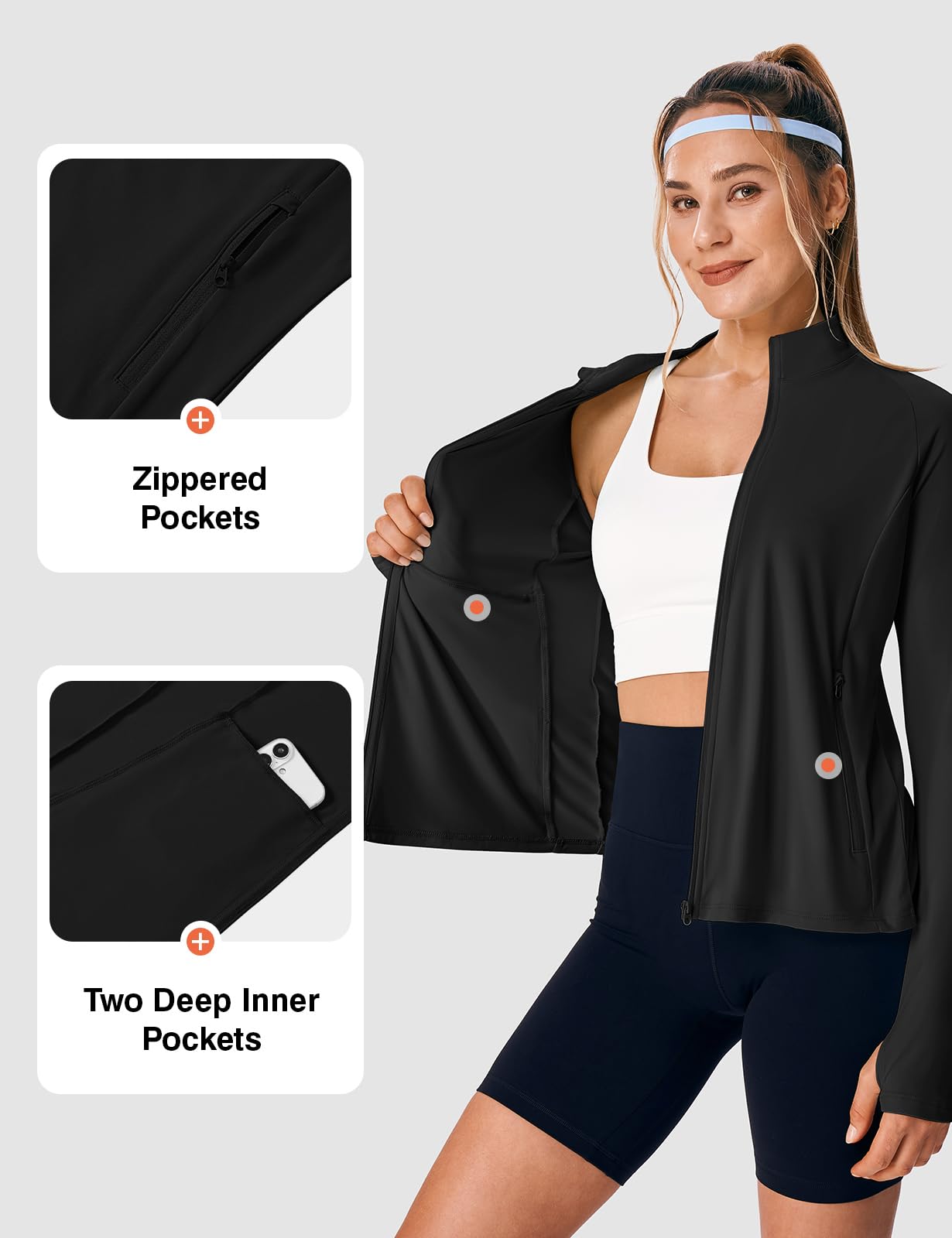 BGOWATU Women's Lightweight Workout Athletic Jacket UPF 50+ Zip Up Running Yoga Jackets Sun Shirt with Thumb Holes Black L