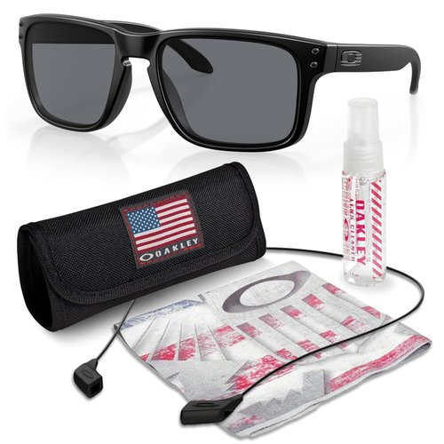 Oakley OO9102 HOLBROOK Square Sunglasses for Men - High Bridge Fit - USA Flag Cleaning Kit and Leash - PREMIUM BUNDLE, (E5) Matte Black/Gray | 57mm