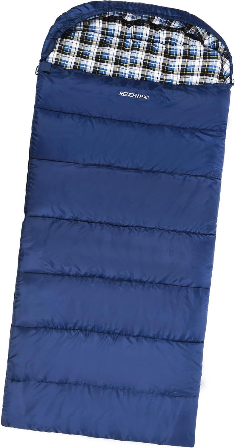 REDCAMP Flannel Sleeping Bag for Adults, Comfortable Cotton Sleeping Bags for Camping with Detachable Hood, Red/Grey/Blue