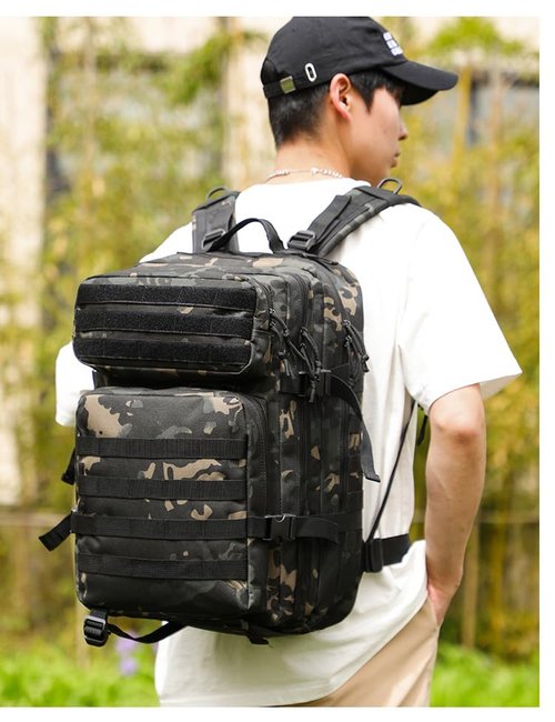 ORILOOSEN 48L 3-day Tactical backpack heavy duty zipper，Hiking Camping Hunting Climbing backpack Nylon canvas Knapsack Outdoor backpack (Camouflage black)
