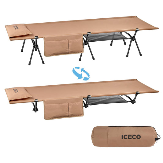 ICECO Camping Cots for Adults, Height Adjustable with Cot Leg Extenders, Strong Support 330lbs, 900D Oxford Fabric, Ultralight Comfortable, Sleeping Bed for Camping, Hiking, Beach, Home (L-Khaki)