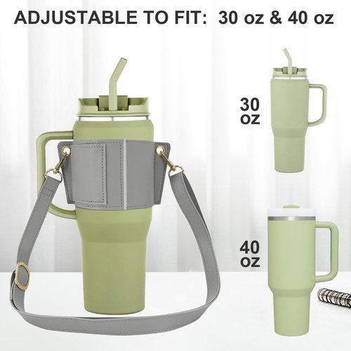 Stanley Cup Holder with Strap,Leather Carrier Strap for 40 oz 30 oz Stanley Cup Accessories, Credit Card Holder Keying (Gray)